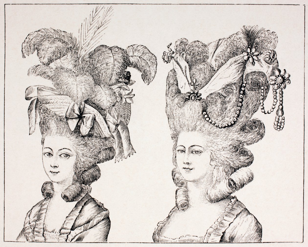 Franske jenter fra 1700-tallet med ekstravagante hårstiler og hatter, 1875 av French School
