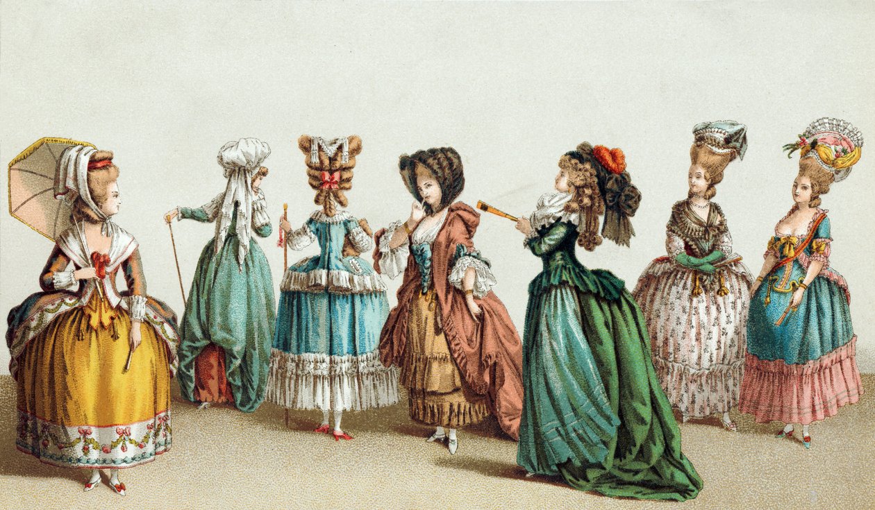 Fransk damemote og hårstil fra 1700-tallet av French School