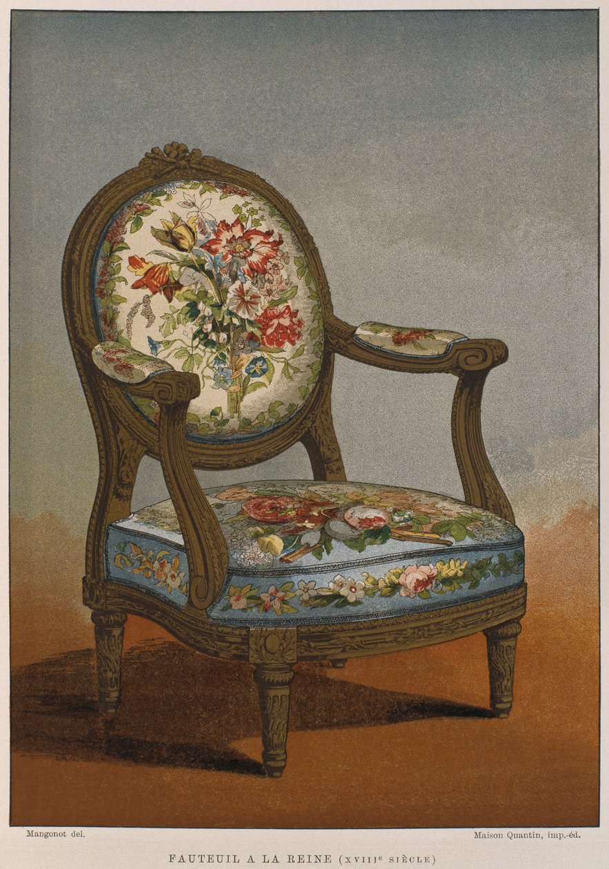 1700-talls a la reine lenestol med blomstret billedvev, illustrasjon fra Dictionnaire de lameublement et de la dekorasjon av Henry Havard, bind 4, plate 29, Paris, Maison Quantin, 1878 (farge av French School