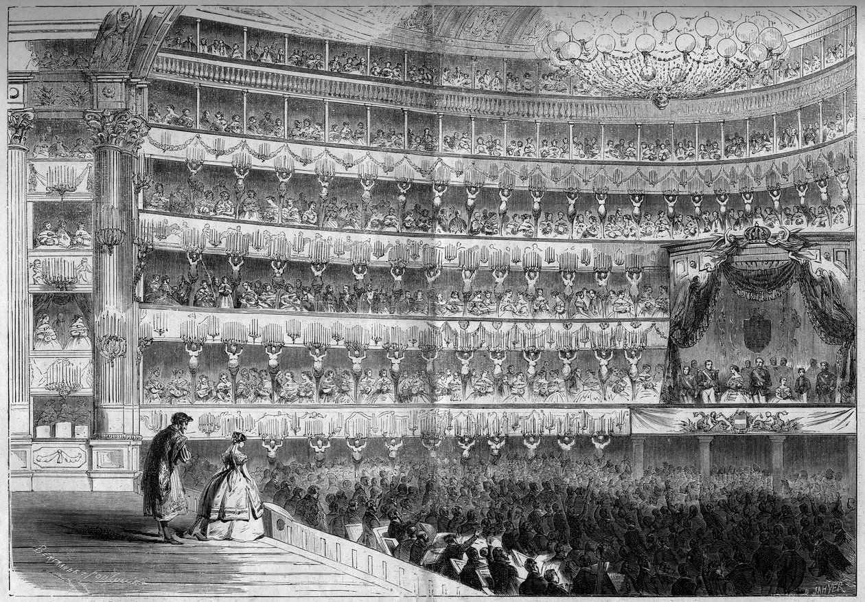 1700-tallsarkitektur: innvendig utsikt over Theatre Royal (Teatro Regio) i Torino (Italia) under et gallashow 23. januar av French School
