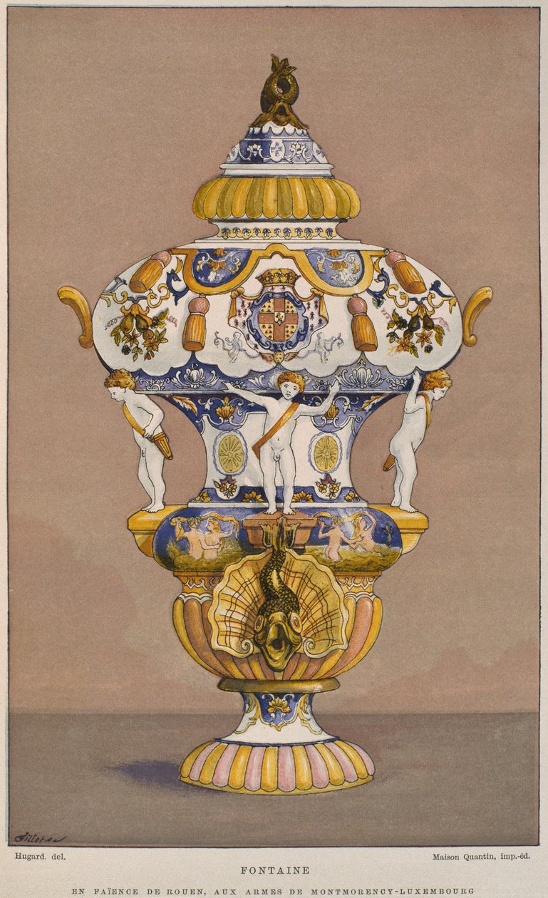 Fajansefontene fra 1700-tallet med våpenskjoldet til Montmorency Luxembourg, produsert i Rouen, illustrasjon fra Dictionnaire de lameublement et de la dekorasjon av Henry Havard, bind 2, av French School