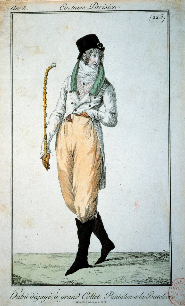 1700-tallsmote: Pariserdress med stor krage, bukser med båter. Paris, Musee du Costume av French School