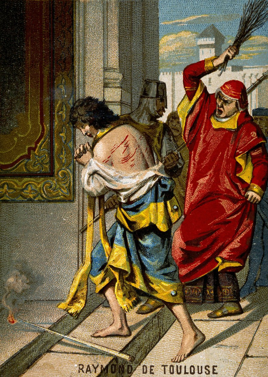 22.06.1209. Raymond VI, grev av Toulouse, ekskommunisert av pave Innocent III for ikke å forfølge katarene, anklager for å være pådriver for attentatet på Pierre de Castelnau, endrer hederlig og er flageller i offentligheten i Saint Gilles. Chromolithogra av French School