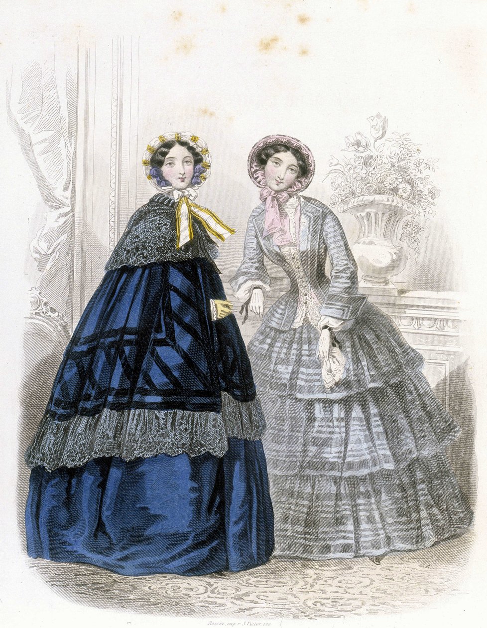 2 fasjonable kvinner: i antrekk - i "" Journal des Demoiselles"" 1852 (gravering) av French School