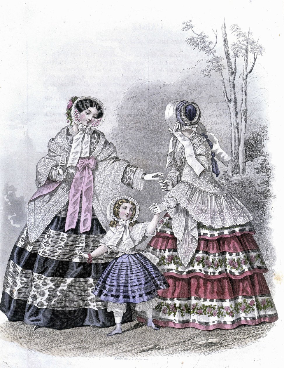2 fashionable women with a girl on a walk - in “Journal des Demoiselles”” 1852. av French School