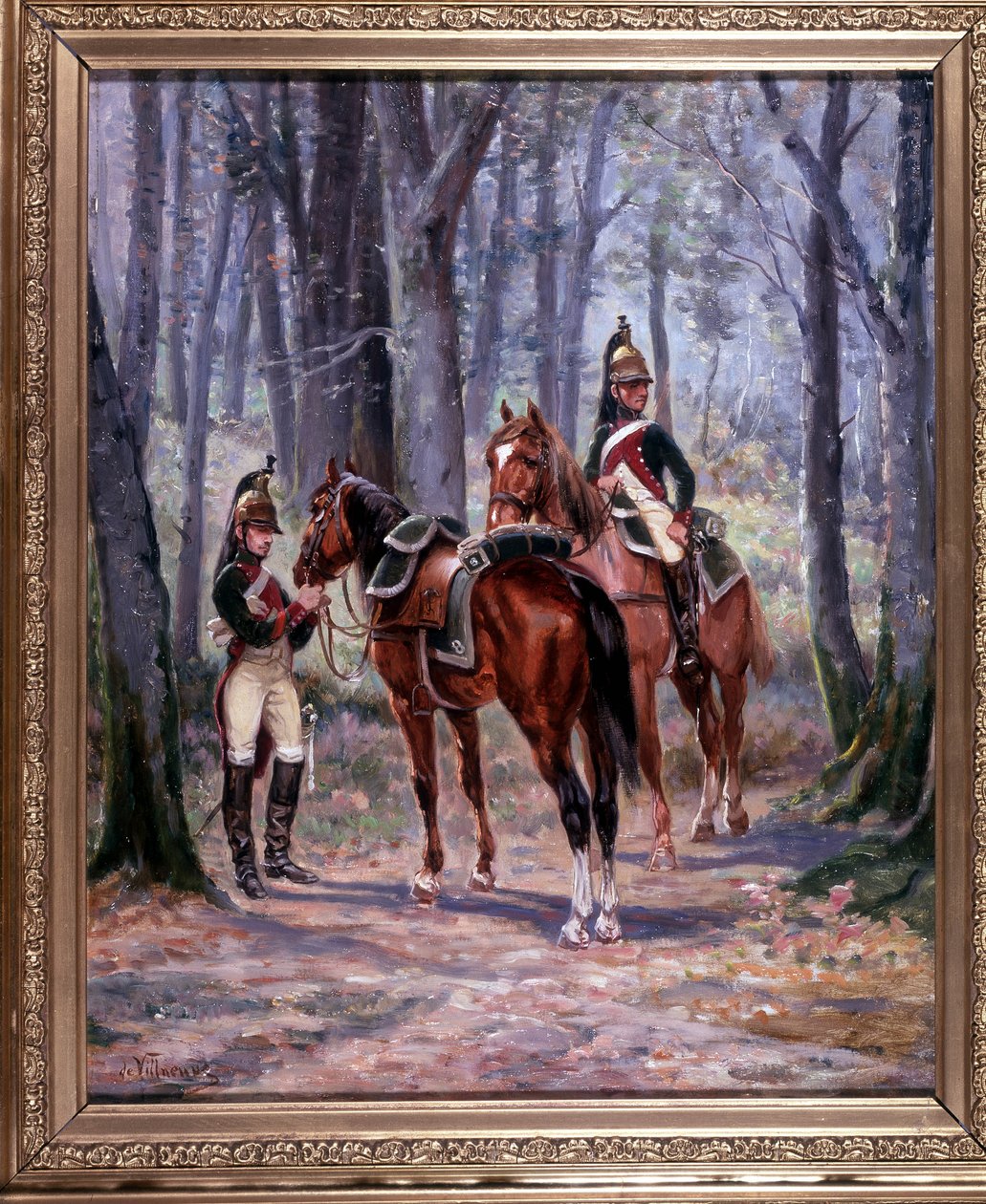 2 ryttere av 8. drager, borte som speidere, maleri 65 x 58 cm, olje på lerret av De Villeneuve, militærmaler sent på 1800-tallet. av French School