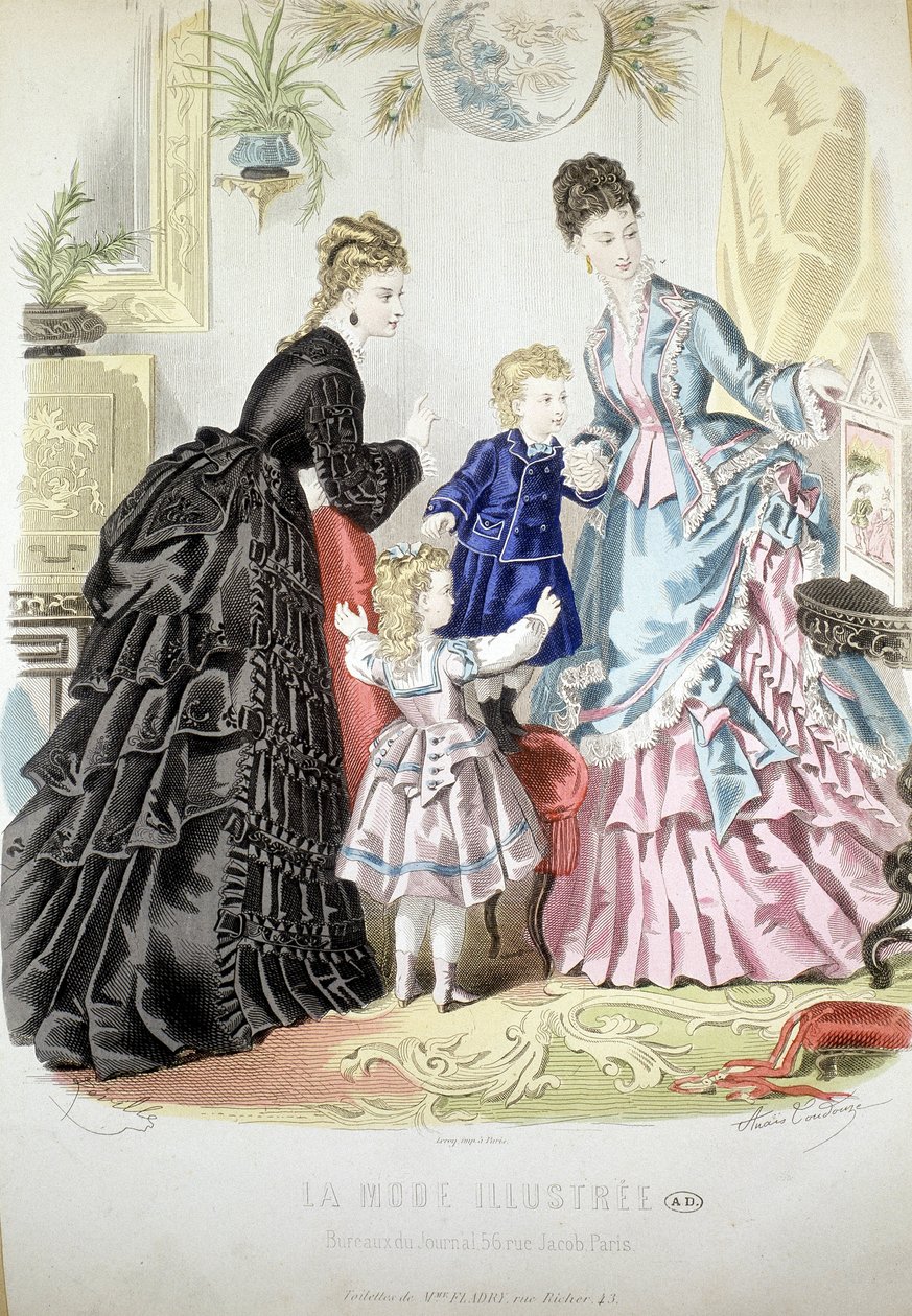 2 kvinner og 2 barn: Mote - i "" Illustrated Fashion Album""" av French School