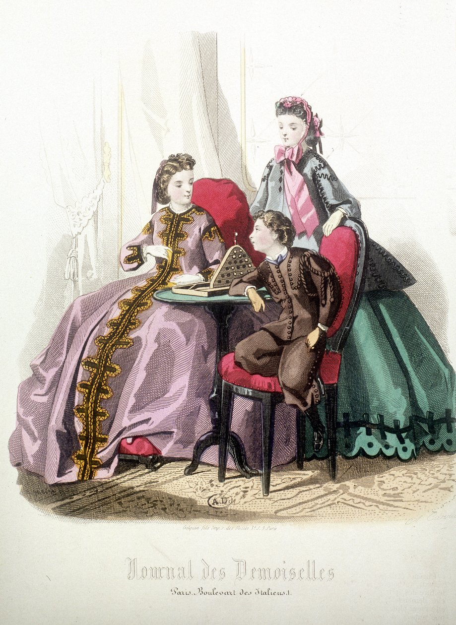 2 kvinner og en gutt: Mote - i "" Magazine des damoiselles", desember 1864 av French School