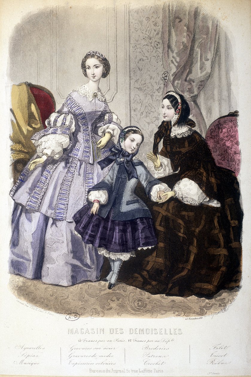 2 women and a girl: Fashion - in “” Magasin des damoiselles””. sd. circa 1850. av French School