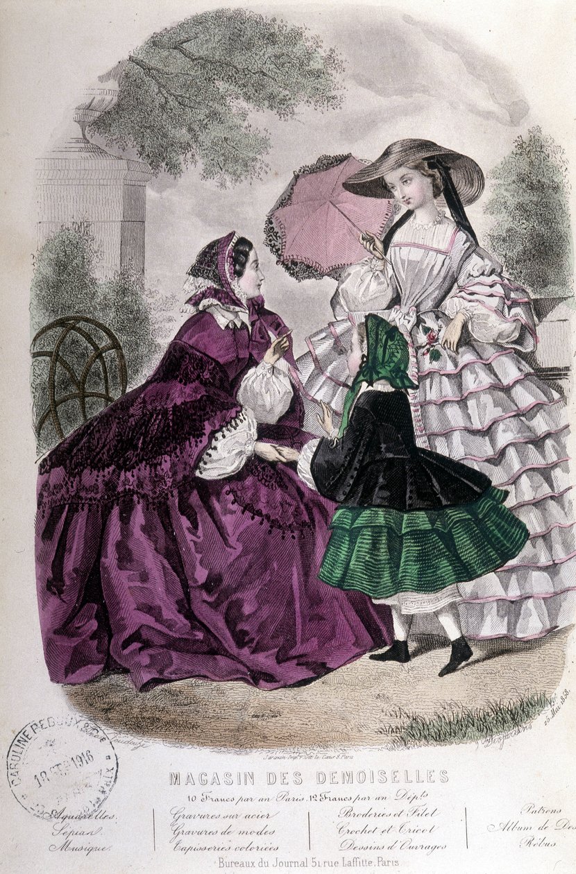 2 kvinner og en jente: Mote - i “” Magazine des damoiselles””. 1858 av French School