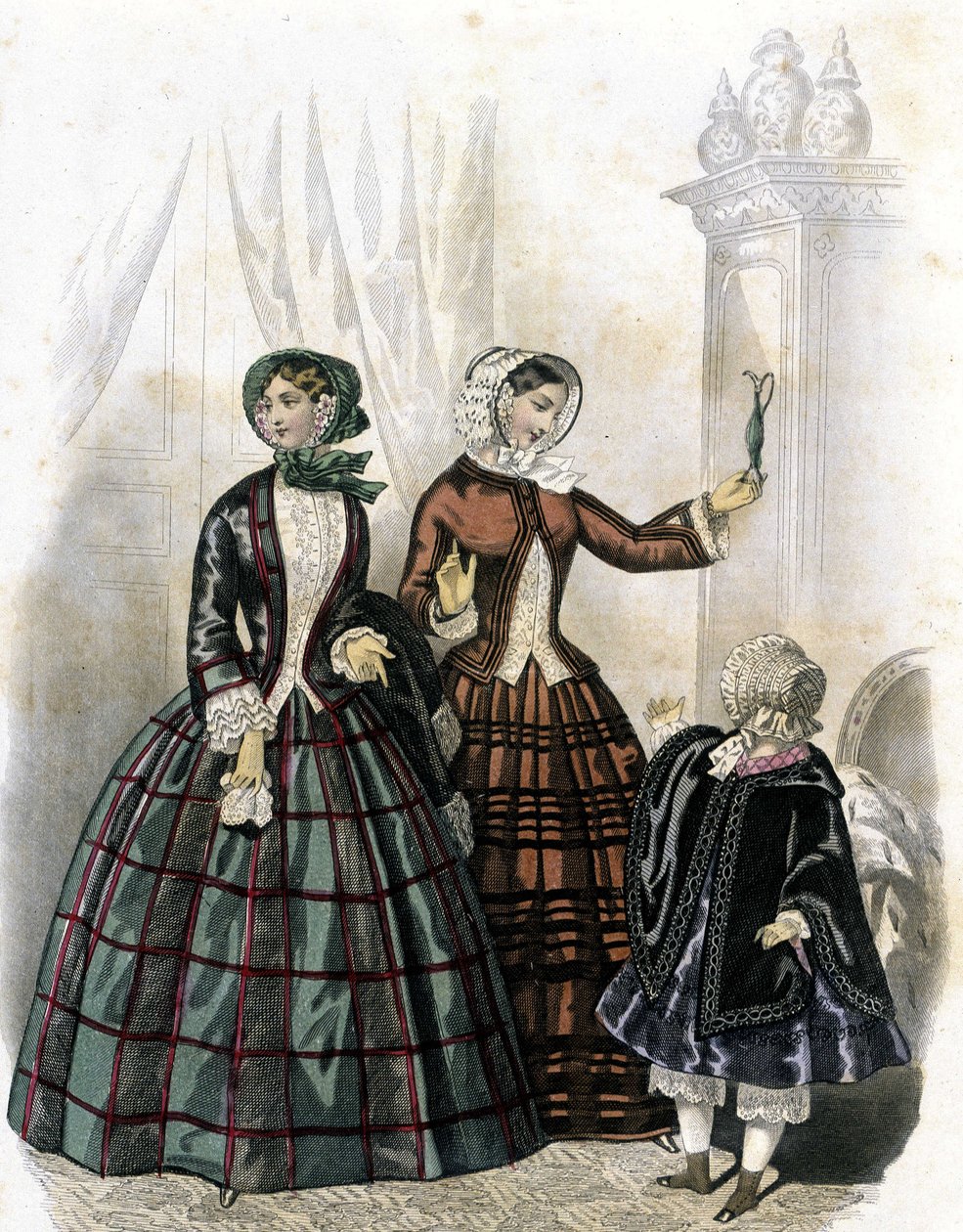 2 kvinner med en jente - i "Journal des Demoiselles" 1852. av French School