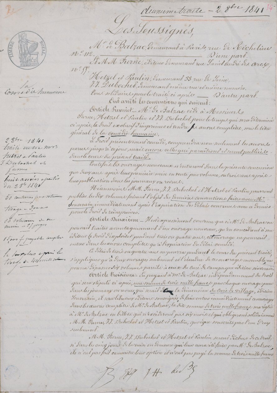 2. kontraktsdokument knyttet til La Comedie Humaine mellom Honore de Balzac (1799-1850) og Hetzel, Paulin, Dubochet og utgiveren Charles Furne, 2. oktober 1841 av French School