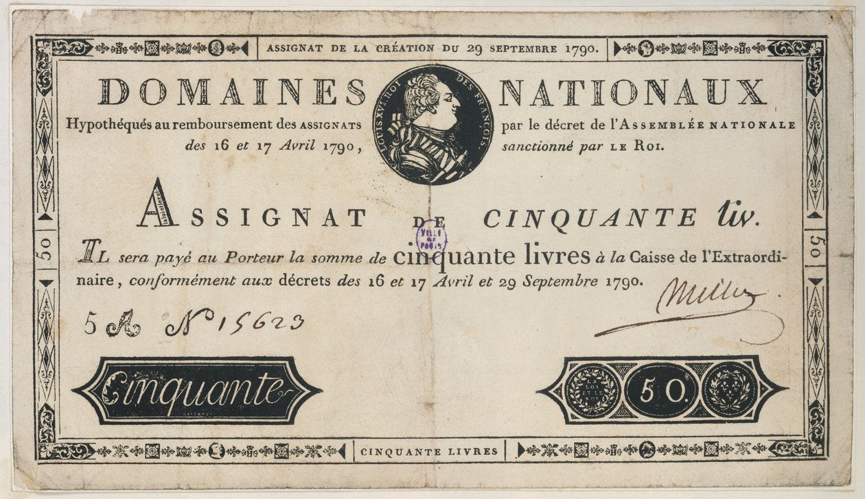 50 livres seddel, 29. oktober 1790 av French School
