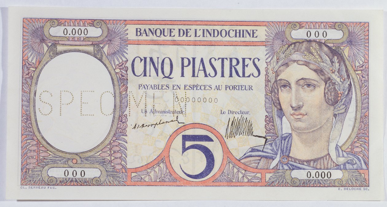 5 Piastres-seddel, fra Indo-Kina-banken (papir) av French School