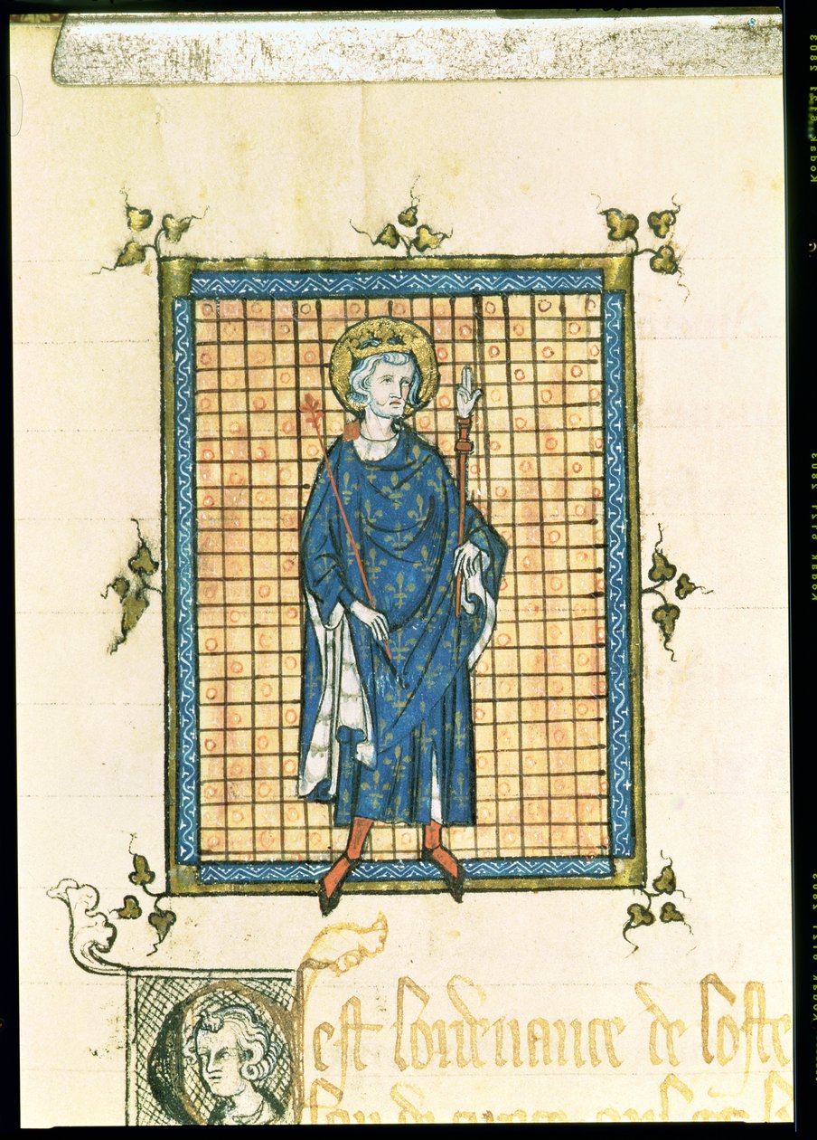 AE II 327 Kong Saint Louis bærer septeret og rettferdighetens hånd, fra Registry des Ordonnances de L