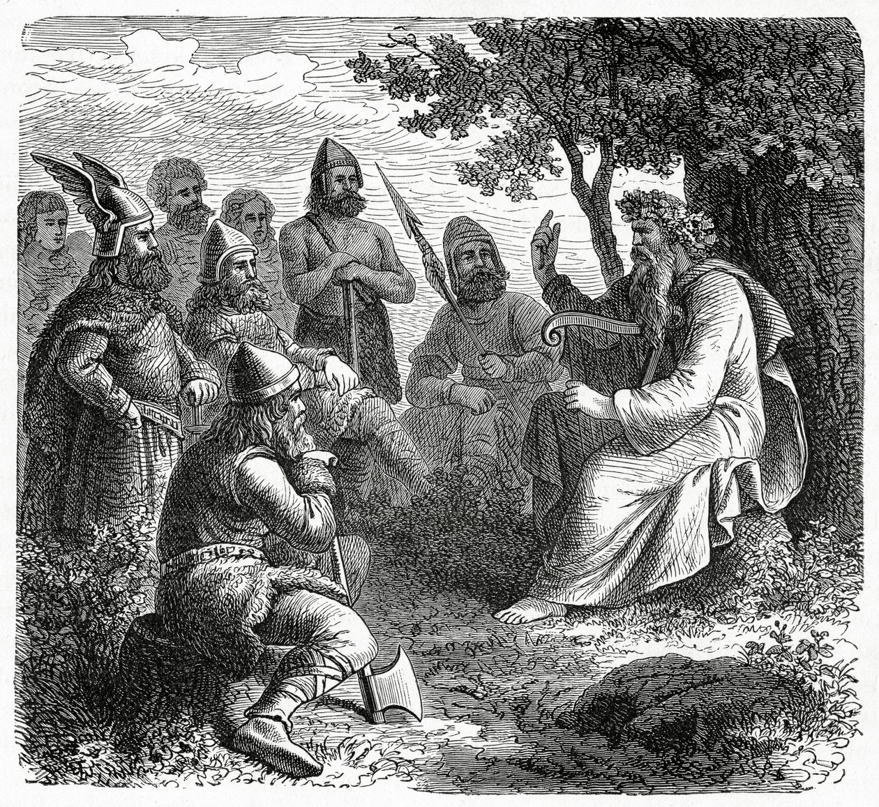 En Bard resiterer til nordmenn, ca. 1882 (tregravering) av French School