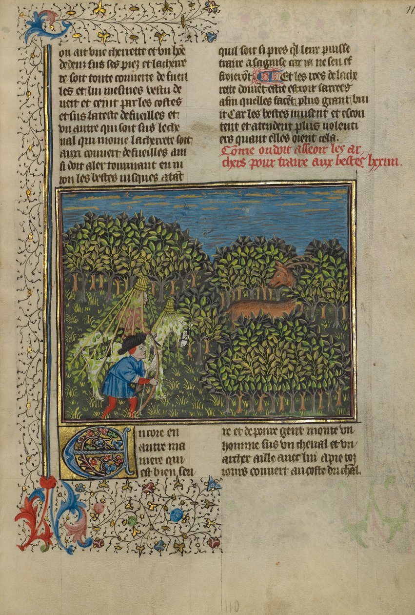 En kamuflert rytter og en bueskytter som nærmer seg en hjort, ca. 1430-40 (tempera, gull- og sølvmaling og bladgull på pergament) av French School