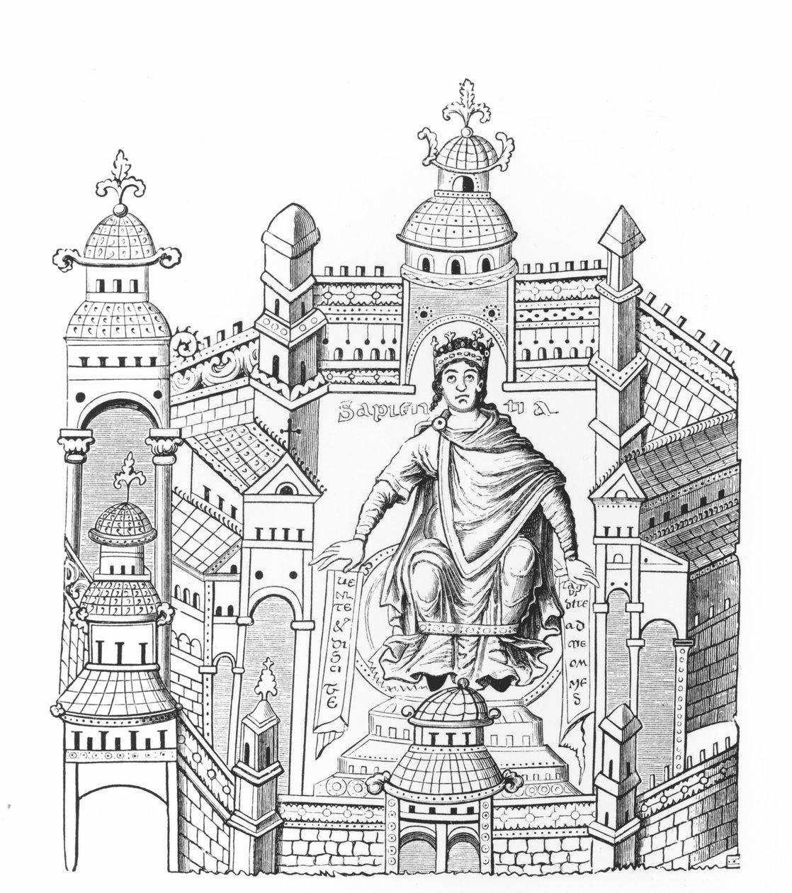 En karlovingisk konge i palasset sitt, som personifiserer visdom som appellerer til hele menneskeslekten, etter en miniatyr i et manuskript, kopiert av grev Horace de Viel-Castel (1798-1864) av French School