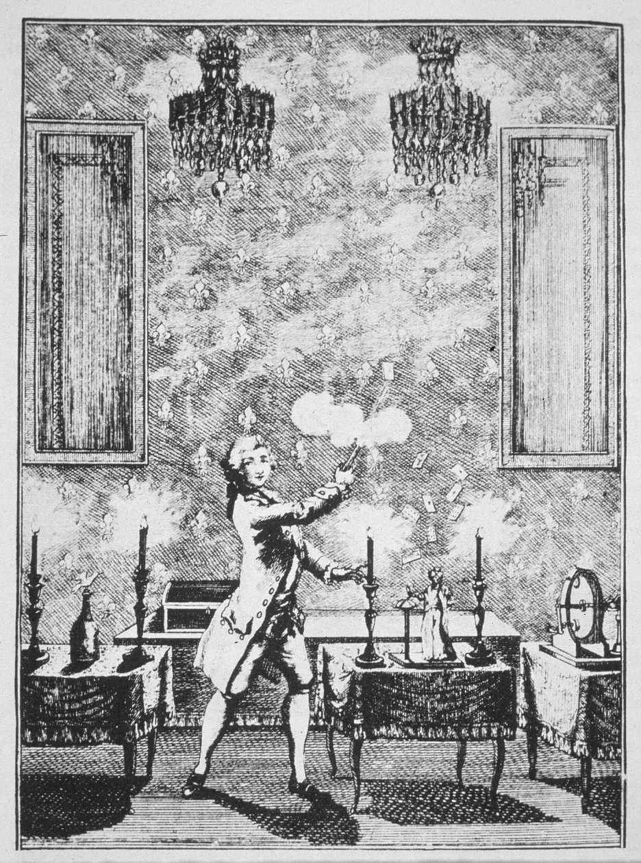 A Demonstration of Conjuring fra La magie Blanche devoilee av Decremps, 1659, illustrert i en History of Magic, utgitt sent på 1800-tallet av French School