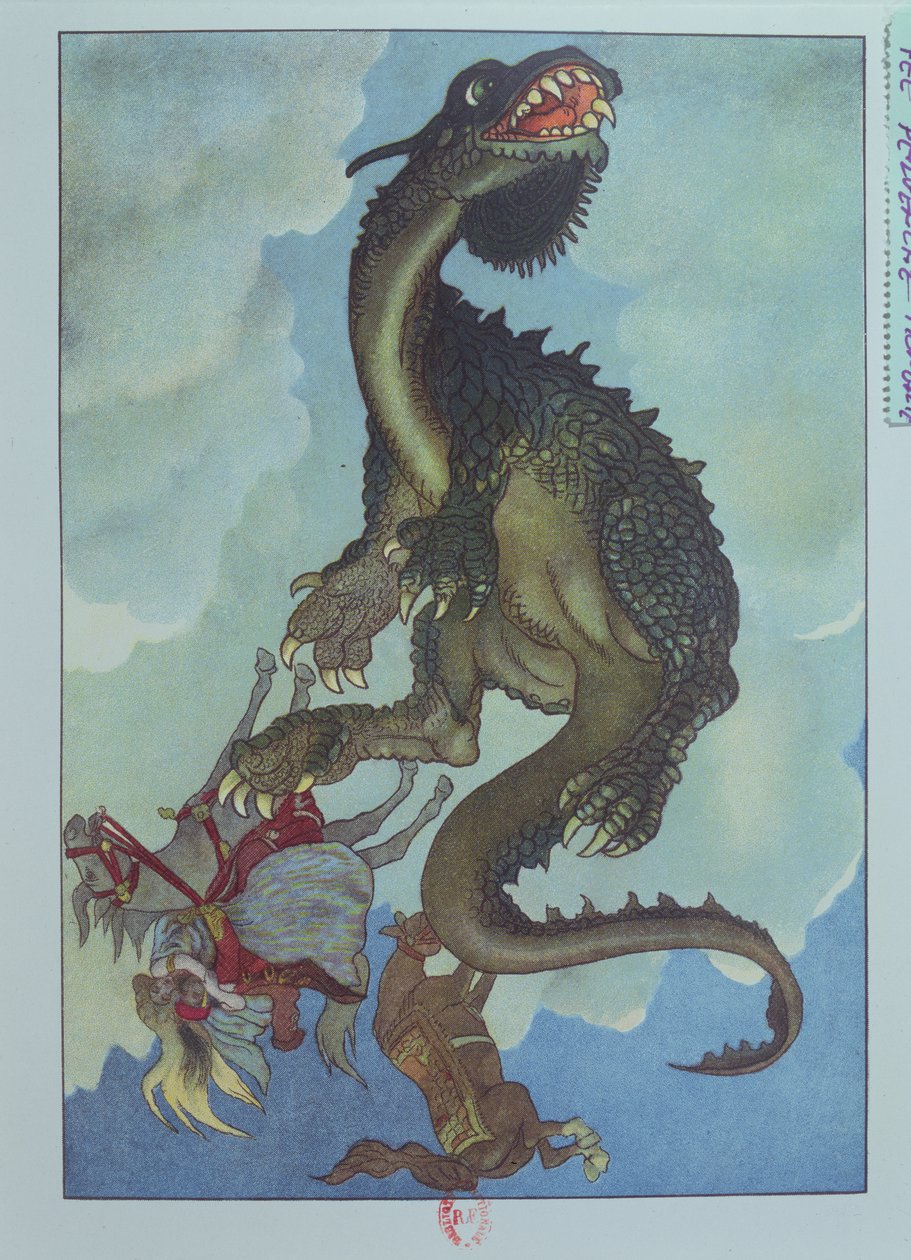 En drage som faller fra himmelen, illustrasjon fra den ungarske historien, 'The Story of Fairy Pervenche', ca. 1910 (farge litho) av French School