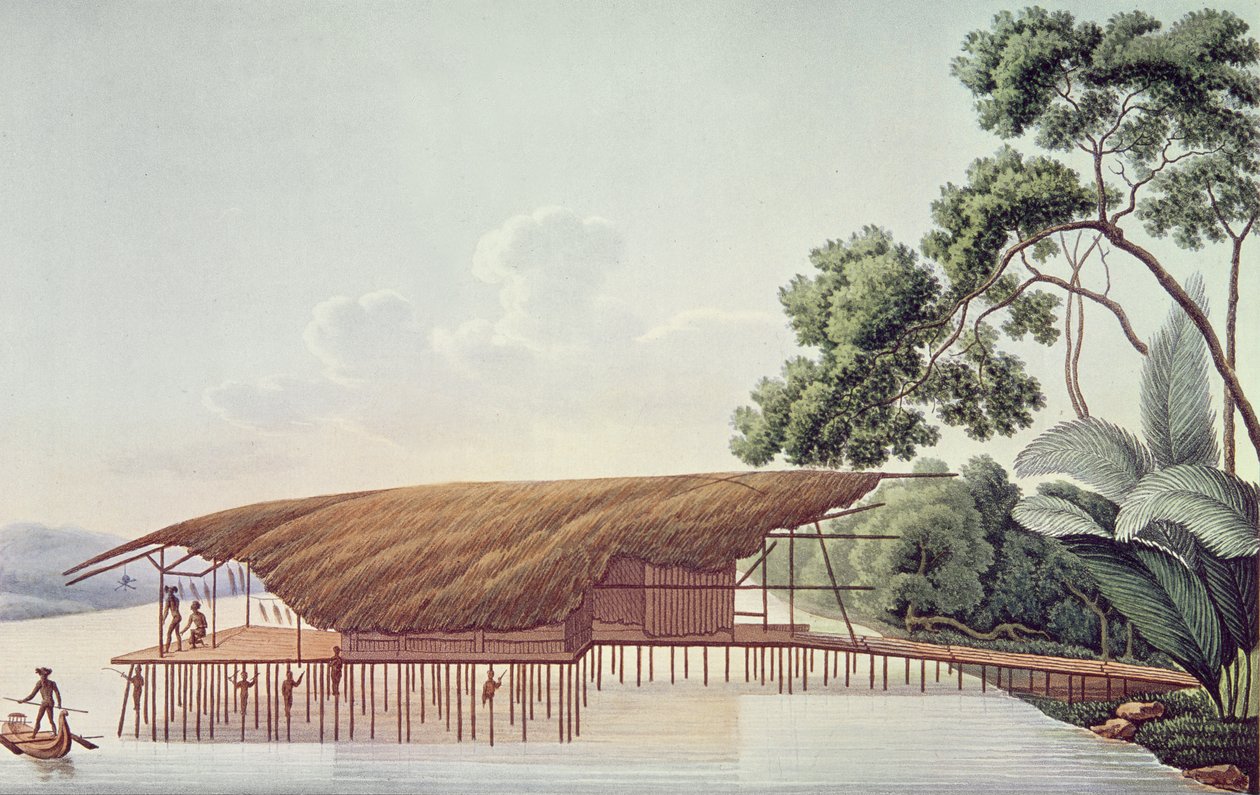 A Dwelling-House over Water, Doreri, Papuan Gulf, fra Voyage around the World on the Corvette La Coquille (1822-25) av Louis Isidore Duperrey (1786-1865) (se også 10268) av French School