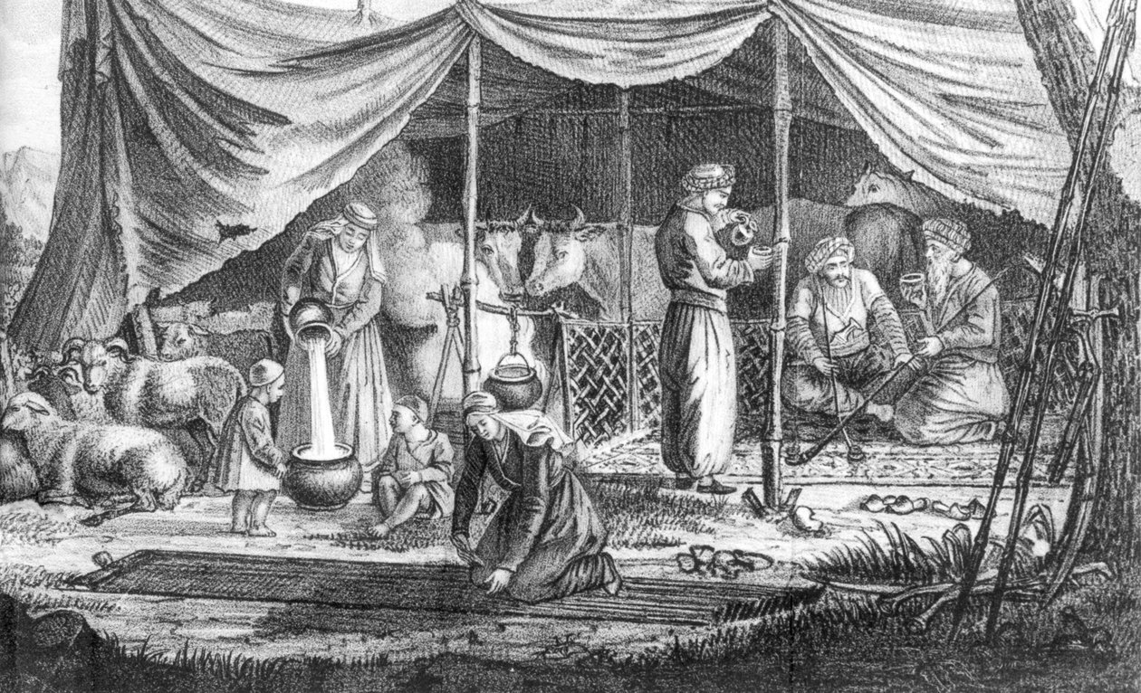 En familie av kurdiske nomader, fra Voyage en Perse av Gaspard Drouville, utgitt 1825 av French School