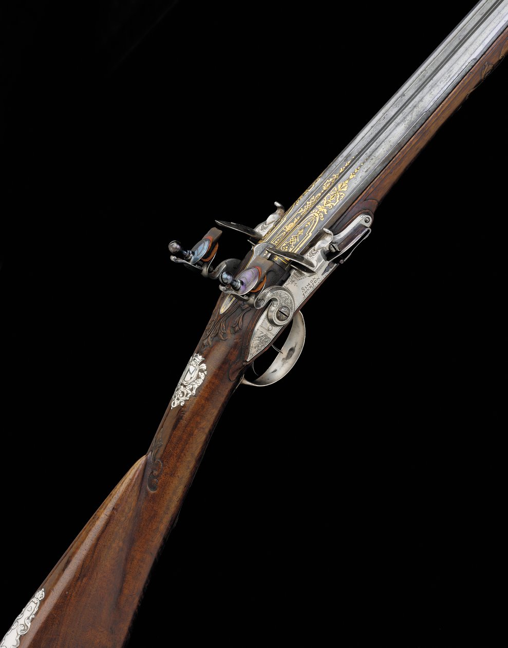 En fin og sjelden 20-hulls sølvmontert fransk D.B. Flintlock Sporting Gun, ca. 1725 av French School