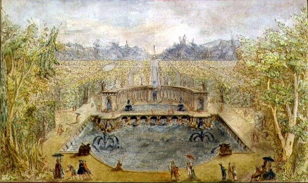 En formell hage med fontener, ca. 1770 (penn og blekk og akvarell på papir) av French School