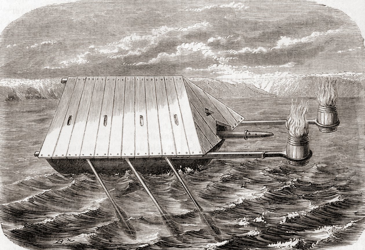 Et gresk brannskip, etter en tegning i et latinsk manuskript fra 1200-tallet, fra Les Merveilles de la Science, utgitt ca. 1870 (gravering) av French School