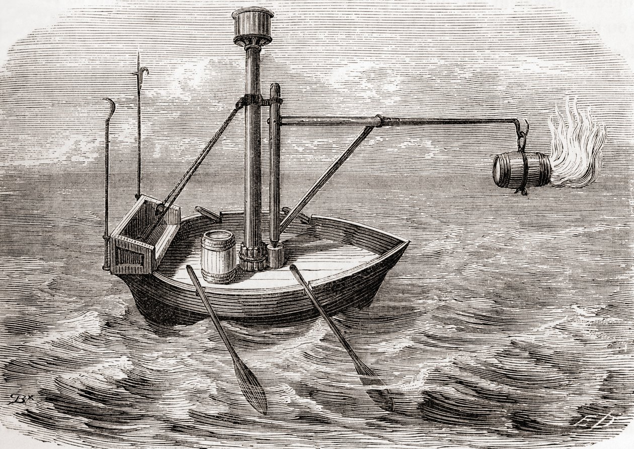 Et gresk brannskip, etter en tegning i et latinsk manuskript fra 1200-tallet, fra Les Merveilles de la Science, utgitt ca. 1870 (gravering) av French School