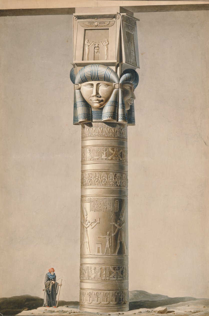En søyle med Hathor-hode ved Dendarah, illustrasjon Beskrivelser av Egypt av Edmonde Francois Jomard (1777-1862) utgitt 1809-22 (wc på papir) av French School