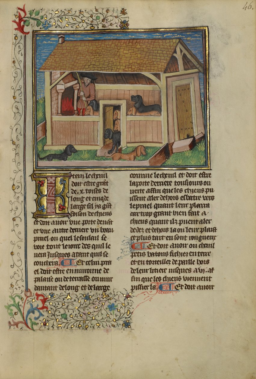 En jeger som passer på hunder med kennel, ca. 1430-40 (tempera, gull, sølvmaling og blad på pergament) av French School