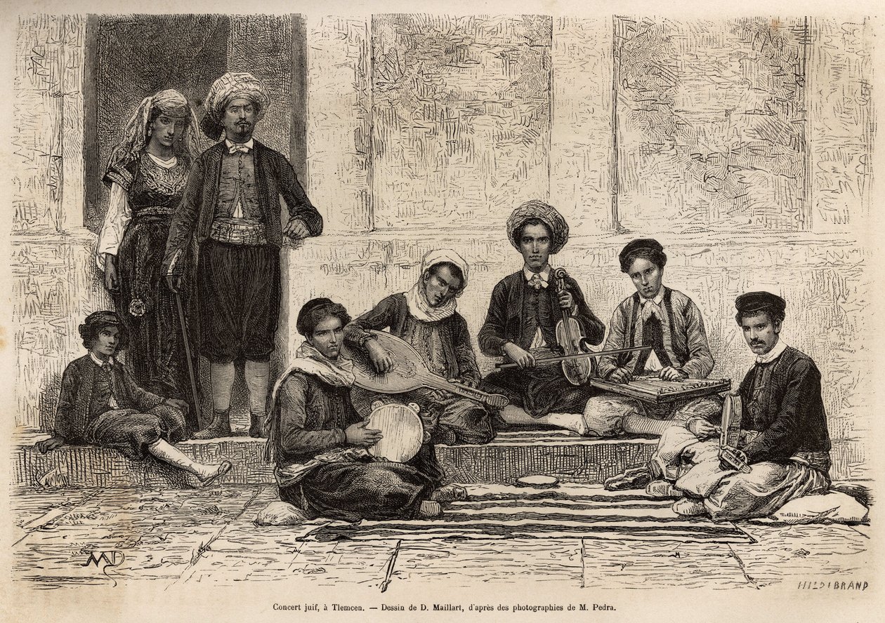 Et jødisk orkester, i Tlemcen, alltid sammensatt av 5 instrumenter: rbab monteres på 2 strenger; kouistra, en slags lut; kamendja, eller fiolin; centihren, en slags flat trapesveske og derbouchaen, en slags tamburin i jord; alle mu av French School