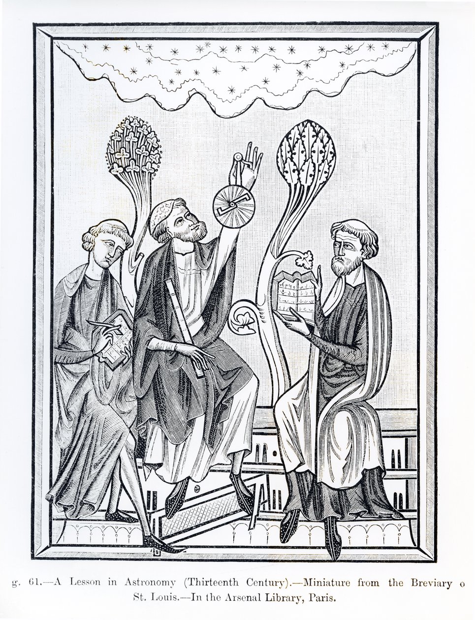 A Lesson in Astronomy, fra Breviary of St. Louis, illustrasjon fra Science and Literature in the Middle Ages and the Renaissance, skrevet og gravert av Paul Lacroix, 1878 (bw foto av French School