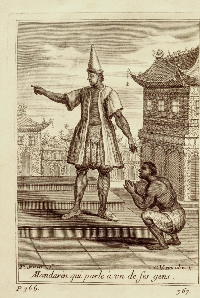 En mandarinmann som snakker med en av sine folk, fra Voyage du Siam des Peres Jesuites av Guy Tachard, 1688 av French School