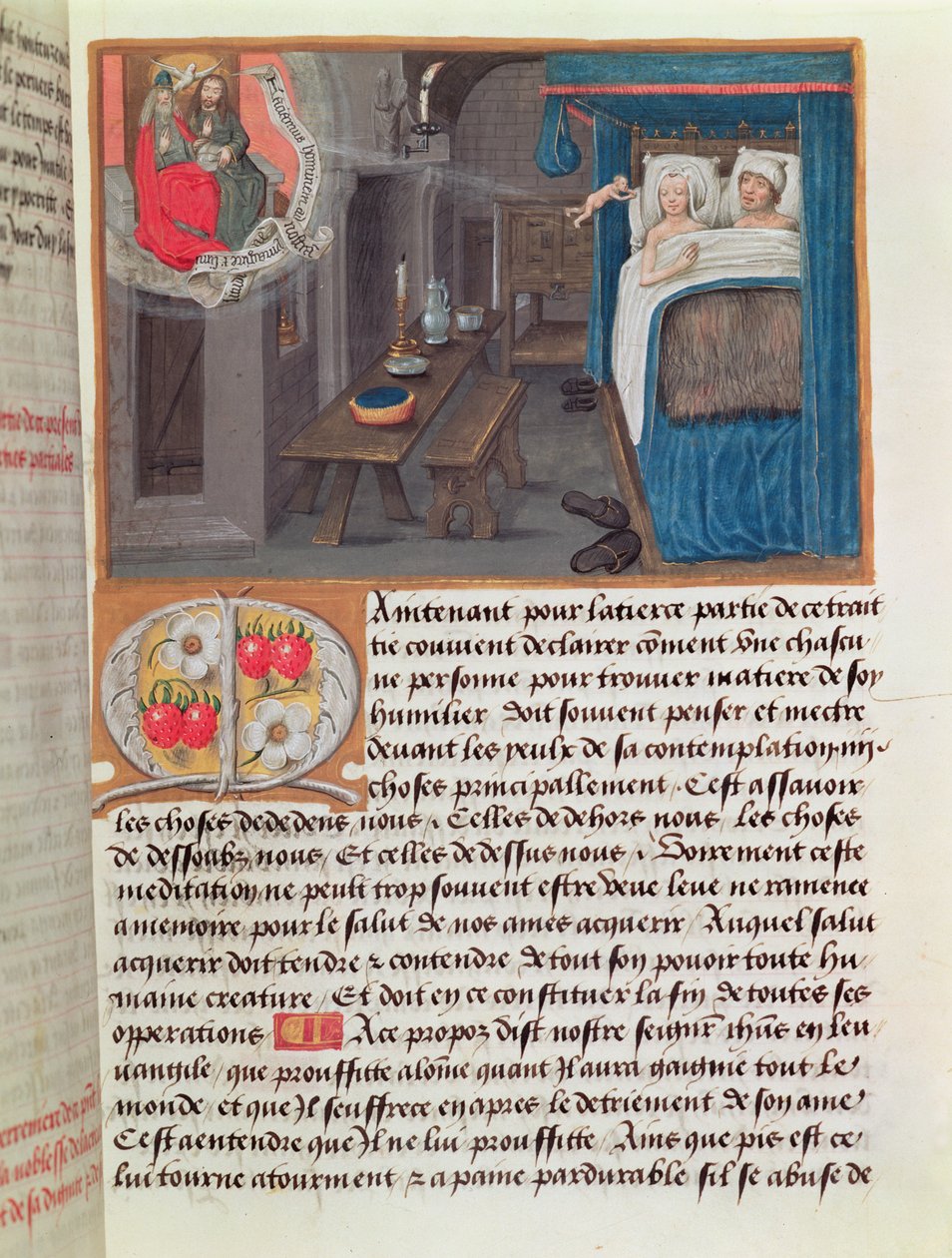 Et gift par i seng som mottar et barn fra den hellige treenighet av French School