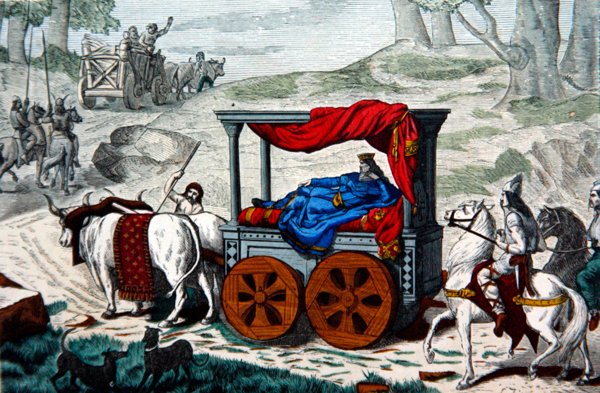 En merovingerkonge som bæres i et kull trukket av okser (farge litho) av French School