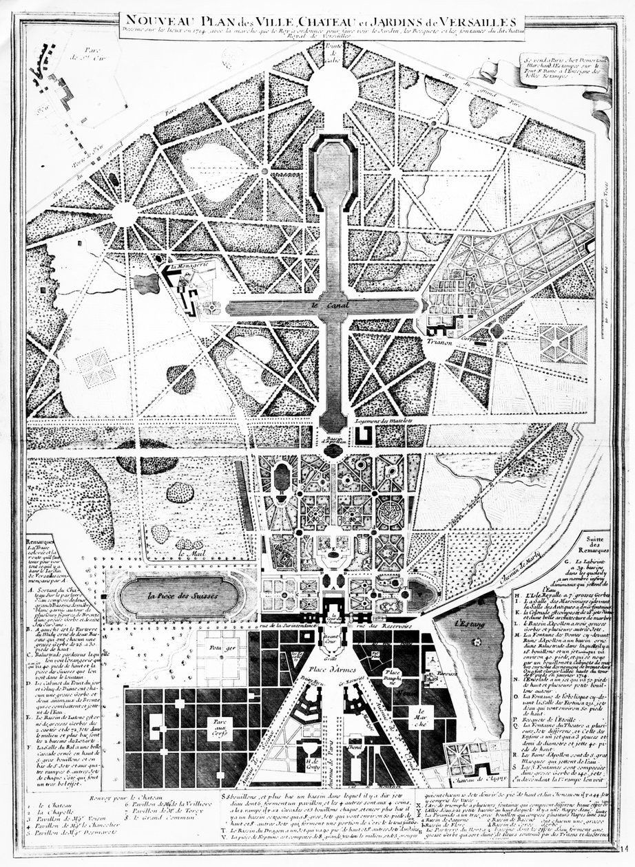 En ny plan for byen, slottet og hagene i Versailles, 1714 av French School