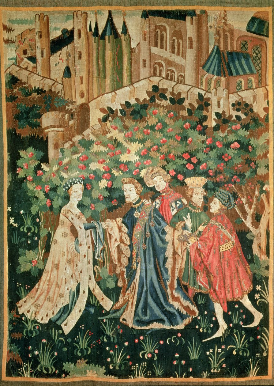 En adelsmann som hilser en dame med sine tjenere, Arras av French School