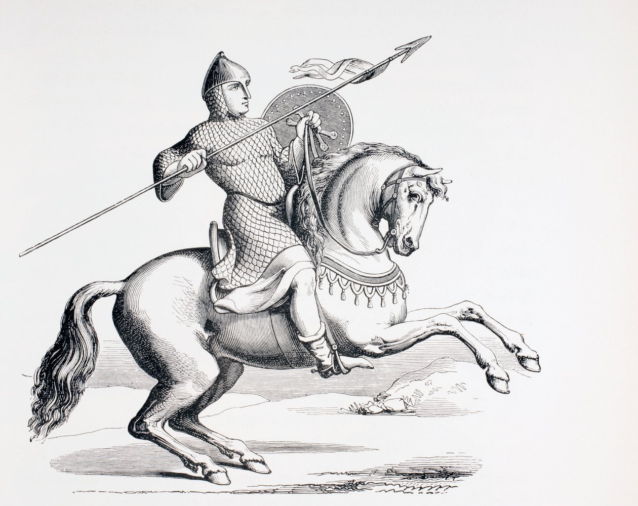 En normannisk ridder kledd i ringbrynje og hjelm som bærer spyd og skjold, 1873 av French School