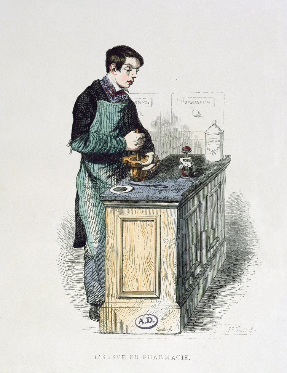 En farmasistudent som forbereder medisin, illustrasjon fra The French Painted by Themselves, Editions L. Curmer, 1841 (fargegravering) av French School