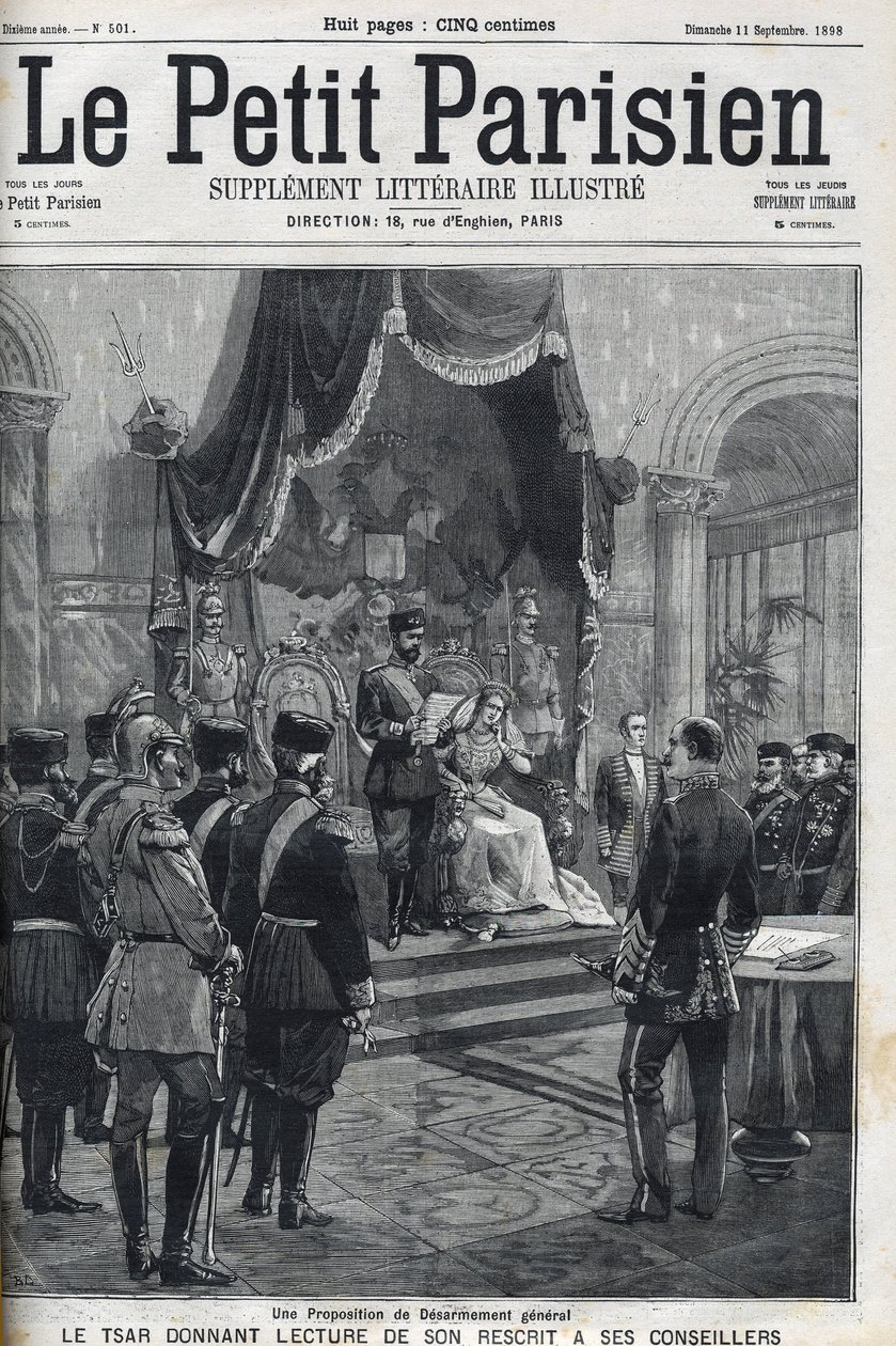 A Proposal for General Disarmament (made to the European Powers) - Tsar Nicholas II (1868-1918) reading his recript to his advisers. Le Petit Parisien av French School