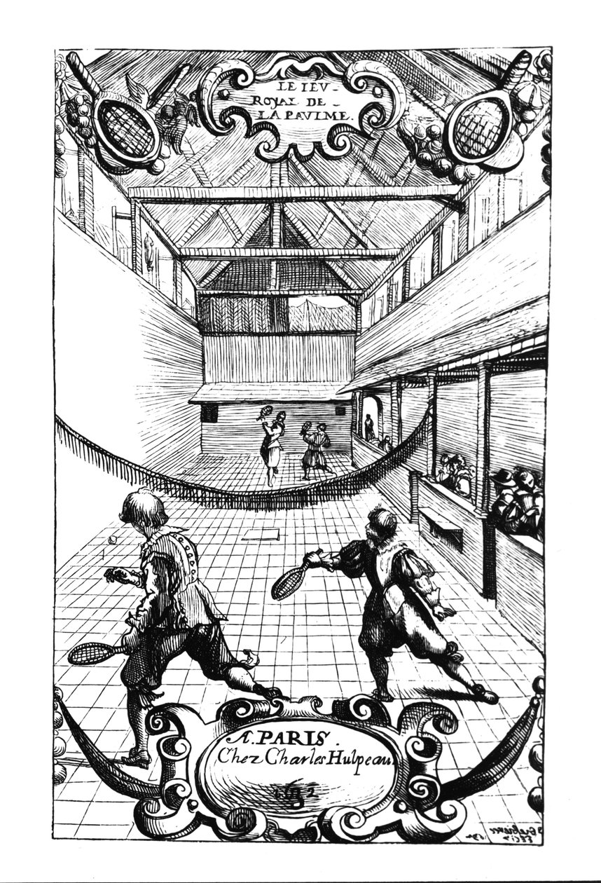 Et kongelig tennisspill i Jeu de Paume, Versailles, utgitt av Charles Hulpeau av French School
