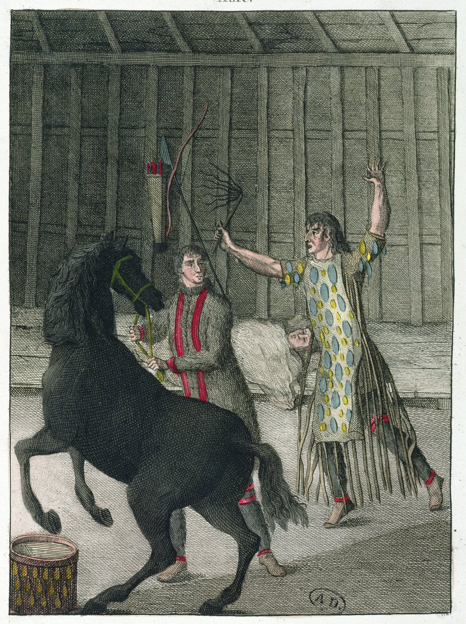En sjaman som forviser de onde åndene til en syk person, Sibir, ca. 1811 av French School
