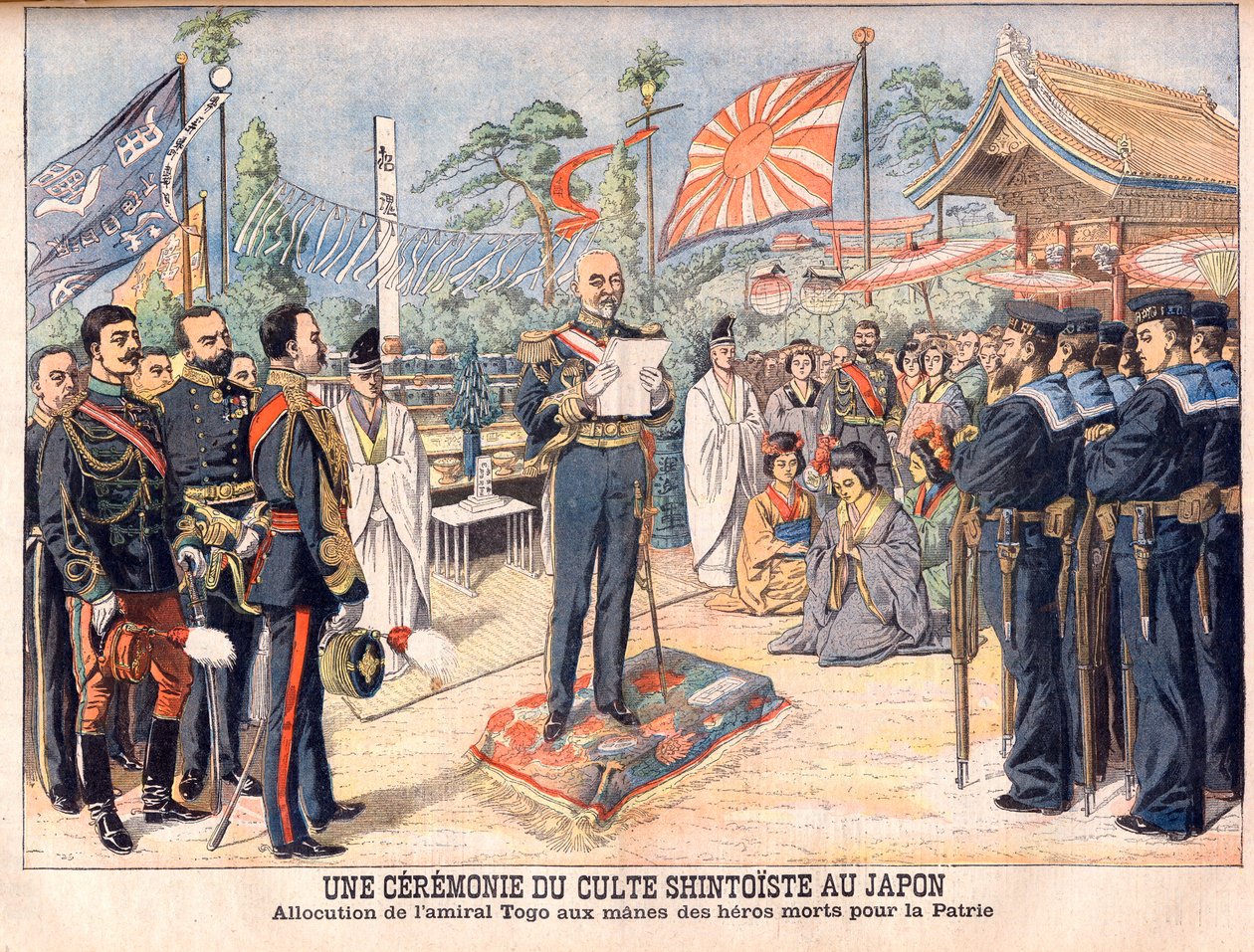A Shinto ceremony in Japan. Admiral Togo addressing the spirits of Japanese heroes killed in the Russo-Japanese War A ceremony of Shintoist worship in Japan. Address by Admiral Togo (Togo Heihachiro av French School