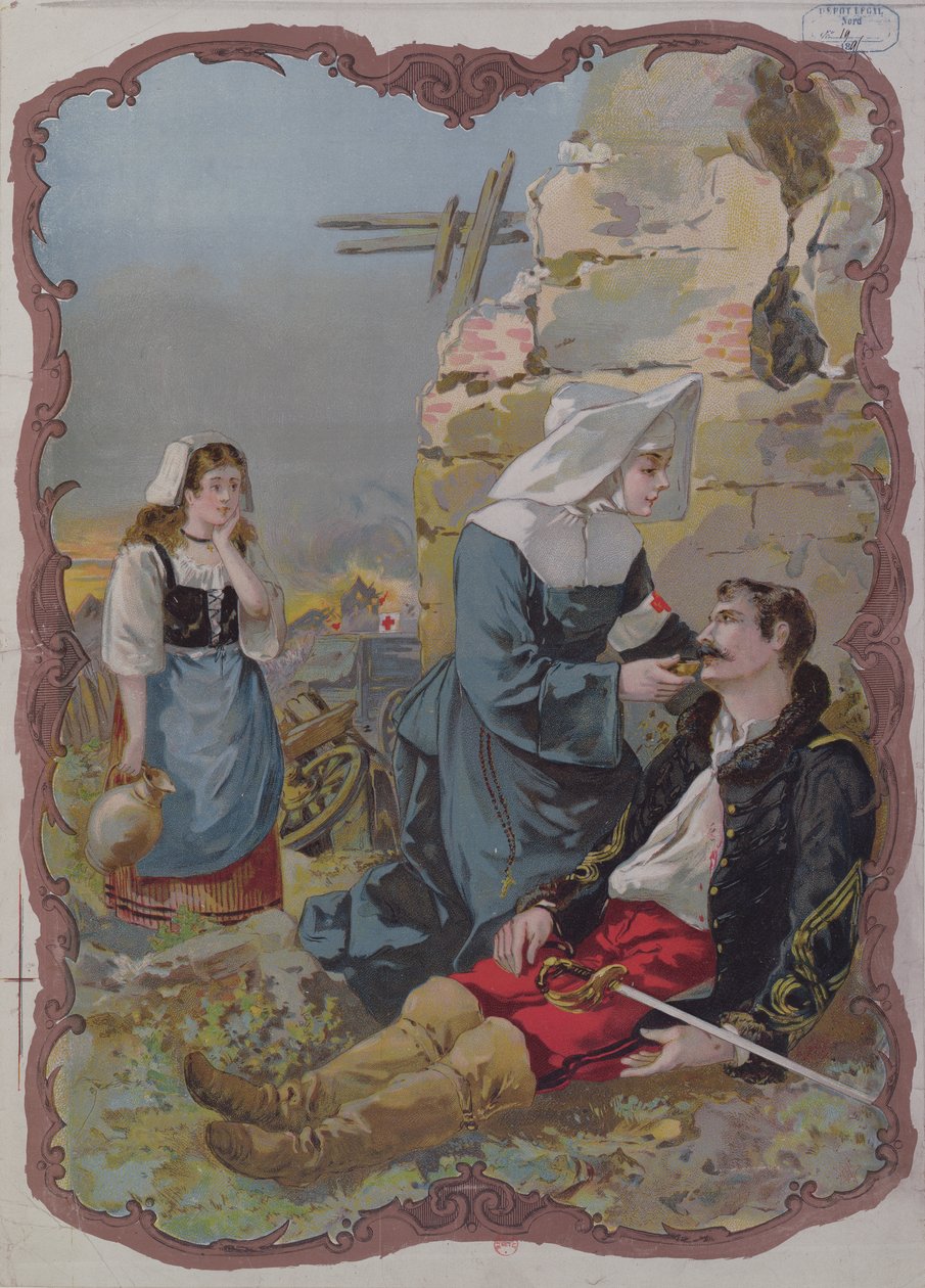En søster som hjelper en skadet soldat under krigen i 1870, 1895 av French School