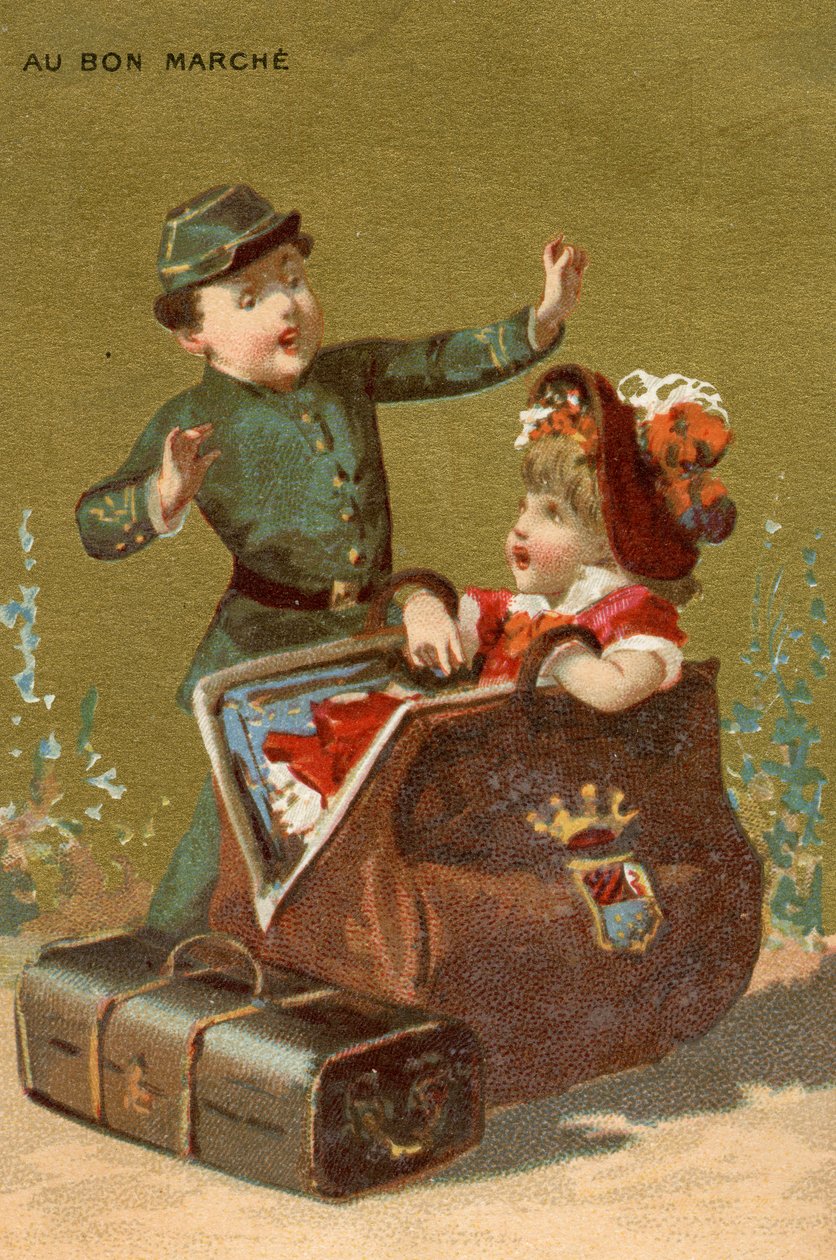 A Surprise in the Luggage, fra en serie illustrasjoner av barn, produsert som salgsfremmende kort for Bon Marché Department Store i Paris, ca. 1890 av French School