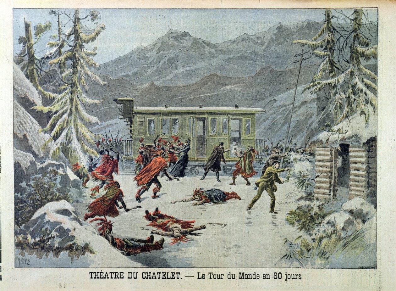 Et tog angrepet av amerikanske indianere, fra hele verden på 80 dager av Jules Verne (1828-1905) fra Le Petit Journal, 13. mai 1898 av French School