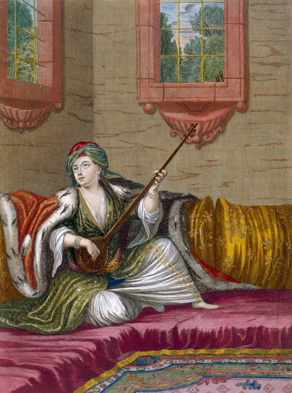 En tyrkisk jente som spiller Tehegour, ca. 1708 av French School
