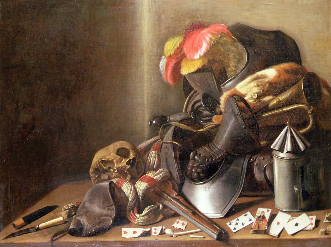 A Vanitas Still Life with a Skull, Playing cards and Armour, ca. 1650 (olje på lerret) av French School